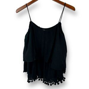 Philosophy Women Size M Cold Shoulder Bell Sleeve Crepe Blouse Black Pom Pom Hem